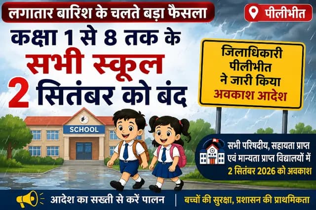 Pilibhit news : लगातार बारिश के चलते कक्षा 1 से 8 तक के स्कूल 2 सितंबर को बंद