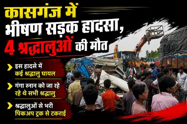 UP News : कासगंज में भीषण सड़क हादसा, गंगा स्नान को जा रहे 4 श्रद्धालुओं की मौत, कई घायल